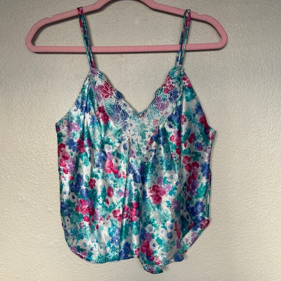 Cinema Etoile Vintage Satin Tank Top French Cut Blue Floral Lace Embroidered - Picture 4 of 11